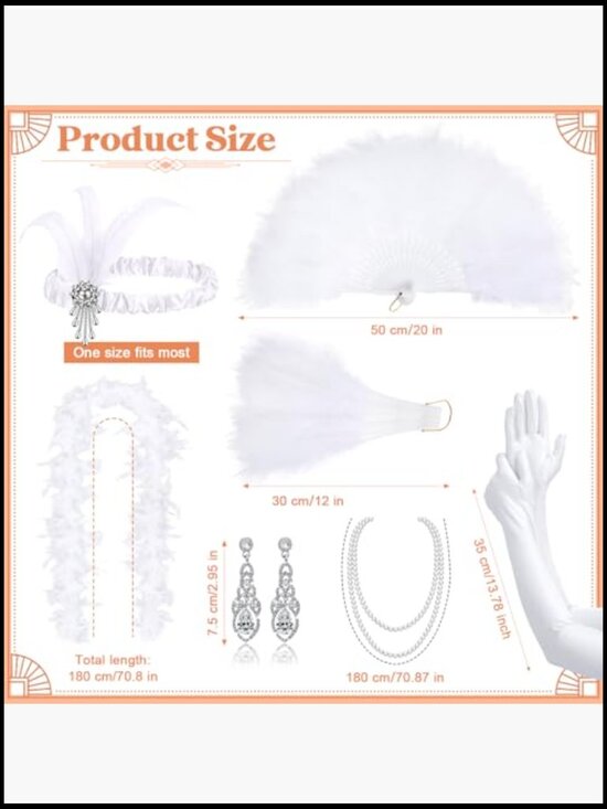 7 Pc 1920s Flapper Accessory Set Headband Necklace Earrings Gloves Fan Scarf
